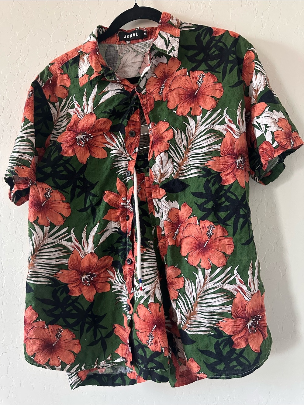 Tropical Floral Short-Sleeve Button-Down Shirt — Green with Orange Print